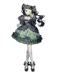  1girl apple black_bow black_eyes black_hair black_shoes blunt_bangs bow bridal_gauntlets brooch cleavage_cutout closed_mouth clothing_cutout corset dress earrings flower food footwear_bow footwear_flower frilled_dress frilled_socks frills fruit full_body green_apple green_bow green_ribbon green_skirt hair_bow hair_ribbon head_tilt high_heels highres holding holding_food holding_fruit jewelry juliet_sleeves kneehighs lace lace_sleeves light_smile lolita_fashion long_hair long_sleeves nanoka_san one_eye_closed original puffy_sleeves ribbon shoes simple_background skirt sleeve_bow socks solo standing striped_clothes striped_skirt striped_socks twintails vertical-striped_clothes vertical-striped_skirt vertical-striped_socks white_background 