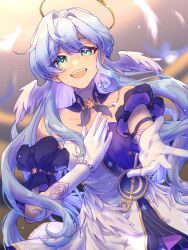  1girl :d absurdres aqua_eyes bare_shoulders choker collar cytise detached_sleeves dress gloves grey_background halo halo_behind_head hands_up head_wings highres honkai:_star_rail honkai_(series) long_hair looking_at_viewer open_mouth outstretched_arm outstretched_hand purple_choker purple_collar purple_dress purple_sleeves reaching reaching_towards_viewer robin_(honkai:_star_rail) smile solo teeth two-tone_dress upper_body upper_teeth_only very_long_hair white_dress white_gloves white_wings wings 