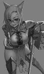  1girl animal_ears armor avatar_(ff14) belt blurry blurry_background cat_ears cat_tail facial_mark final_fantasy final_fantasy_xiv fingerless_gloves glasses gloves greaves grey_background greyscale hair_between_eyes hand_on_hip hand_on_own_chin highres hiragana_oufu leaning leaning_on_object lipstick long_hair looking_at_viewer makeup miqo&#039;te monochrome parted_lips pauldrons shoulder_armor simple_background skindentation slit_pupils smile solo tail vambraces warrior_(final_fantasy) weapon whisker_markings 