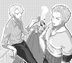 4boys a_maru_8911 antlers bandana_around_arm commentary_request curly_eyebrows curly_hair earrings facial_hair goatee greyscale hand_on_own_hip highres horns jewelry long_hair looking_at_viewer male_focus monochrome multiple_boys one_piece overalls reindeer_antlers roronoa_zoro sanji_(one_piece) shirt short_hair sideburns sitting smoke striped_clothes striped_shirt tony_tony_chopper usopp vertical-striped_clothes vertical-striped_shirt 