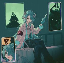  1boy 1girl aqua_gloves aqua_hair arknights armband artist_name bandaged_chest black_pants coat commentary crossed_legs gloves hair_over_one_eye holding holding_scalpel horns horror_(theme) lab_coat long_hair looking_at_viewer looking_to_the_side mitm_(arknights) mitm_(under_surgical_lights)_(arknights) nervous_sweating nymph_(arknights) official_alternate_costume on_bed open_mouth pants pointy_ears red_eyes scalpel seri_(akntse) shadow sitting smile solid_circle_eyes stethoscope stethoscope_around_neck surprised sweat very_long_hair white_coat 