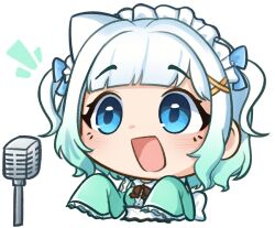  1girl :d aqua_dress blue_eyes blunt_bangs chibi commentary dress english_commentary gradient_hair green_hair hair_ornament indie_virtual_youtuber limp_bizkit long_sleeves lyrics maid maid_headdress medium_hair microphone mint_fantome mint_fantome_(minto_2.0) moon_ldl multicolored_hair notice_lines open_mouth sleeves_past_fingers sleeves_past_wrists smile solo transparent_background triangular_headpiece two-tone_hair two_side_up upper_body virtual_youtuber white_hair x_hair_ornament 