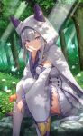  1girl animal_hood blush breasts bug butterfly cape detached_sleeves emilia_(re:zero) flower frilled_sleeves frills hand_on_own_face highres holding holding_flower hood hood_up long_hair long_sleeves looking_at_viewer medium_breasts official_art outdoors re:zero_kara_hajimeru_isekai_seikatsu sitting skirt smile sunlight tree violet_eyes white_cape white_flower white_hair white_legwear white_skirt wide_sleeves 