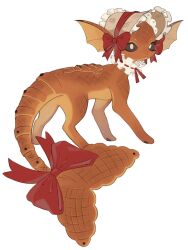  :&lt; absurdres animal_focus animal_hands black_eyes bonnet bow bread brown_bonnet brown_fur cetacean_tail choker dachsbun fins fish_tail food food-themed_creature frilled_bonnet frilled_choker frills full_body fusion head_fins highres looking_at_viewer no_humans pawpads pokemon pokemon_(creature) red_bow red_ribbon ribbon seripu simple_background standing tail vaporeon white_background white_choker 
