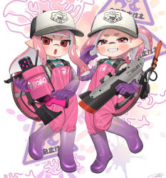 .52_gal_(splatoon) 2girls baseball_cap boots commentary commission elbow_gloves full_body gloves grin hat highres holding holding_weapon inkling inkling_girl inkling_player_character jumpsuit lifebuoy long_hair looking_at_viewer multiple_girls open_mouth parted_bangs pink_eyes pink_hair pink_jumpsuit pointy_ears puchiman purple_boots purple_gloves red_eyes rubber_boots rubber_gloves s-blast_(splatoon) salmon_run_(splatoon) shirt short_hair smile splatoon_(series) splatoon_3 standing swim_ring symbol-only_commentary tentacle_hair weapon white_shirt 