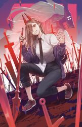  1girl absurdres black_necktie black_pants blonde_hair blood_devil_(chainsaw_man) breasts chainsaw_man collared_shirt colored_extremities commentary cross-shaped_pupils demon_girl demon_horns extra_arms extra_hands field_of_blades greatsword hair_between_eyes highres holding holding_polearm holding_weapon horns huge_weapon intestine_clothing intestines jacket jacket_partially_removed kneeling long_hair looking_at_viewer monster_girl multiple_swords multiple_weapons necktie organs pants pants_rolled_up planted planted_sword polearm power_(chainsaw_man) radiostarkiller red_horns red_shoes sharp_teeth shirt shirt_partially_tucked_in shoes smile sneakers spear sword symbol-only_commentary symbol-shaped_pupils teeth weapon white_shirt yellow_eyes 