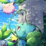  &gt;_&lt; ayo_(ayosanri009) bellsprout bright_pupils bulbasaur closed_mouth clouds commentary_request day faucet hoppip no_humans oddish outdoors pokemon pokemon_(creature) red_eyes sky smile sparkle water water_drop white_pupils yellow_eyes 