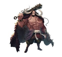  1boy abs absurdres beard black_hair bracelet cape chagallkun clenched_teeth club_(weapon) facial_hair full_body fur_cape green_pants highres horns jewelry kaidou_(one_piece) kanabou long_hair male_focus muscular muscular_male one_piece pants scar simple_background solo spiked_bracelet spikes standing tattoo teeth topless_male weapon white_background 