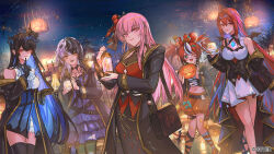  5girls ;d ahoge alternate_costume animal_ear_fluff animal_ears animal_on_head asymmetrical_horns bag black_coat black_corset black_hair black_thighhighs black_wings blue_eyes blue_fire blue_hair blue_skirt blunt_bangs breasts cleavage_cutout closed_mouth clothing_cutout coat collared_shirt colored_inner_hair colored_tips commentary corset cropped_shirt demon_wings double-parted_bangs dress earrings elizabeth_rose_bloodflame english_commentary fire fire_on_chest flower frilled_dress frilled_shorts frills fur-trimmed_coat fur_trim gold_trim grey_hair hair_between_eyes hair_ribbon hakos_baelz halloween halter_shirt halterneck high-low_dress holding holding_cum holding_lantern hololive hololive_english hood hooded_coat horn_flower horns huge_ahoge jack-o&#039;-lantern jewelry kneehighs lantern large_breasts layered_dress long_hair looking_at_viewer midriff miniskirt miyukiko mori_calliope mouse_ears mouse_girl mouse_tail mousetrap mr._squeaks_(hakos_baelz) multicolored_hair multiple_girls navel nerissa_ravencroft night off_shoulder official_art on_head one_eye_closed open_mouth orange_shorts orange_socks outdoors parted_lips pink_eyes pink_hair purple_dress red_dress red_eyes red_hair ribbon sharp_teeth shiori_novella shirt shorts shoulder_bag side_slit sidelocks skirt sleeveless sleeveless_shirt smile socks split-color_hair straight_hair streaked_hair tail teeth thigh-highs twintails underbust uneven_horns very_long_hair virtual_youtuber white_dress white_hair white_shirt wings yellow_eyes 