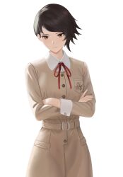  1girl bow brown_eyes brown_hair crossed_arms highres hiromine_yoko mikan_zakuro necktie red_bow red_necktie school_uniform shin_megami_tensei shin_megami_tensei_v shin_megami_tensei_v:_vengeance short_hair solo 