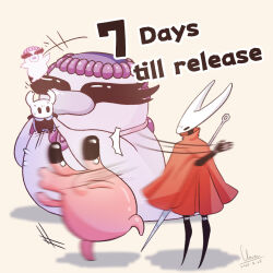  1other 3girls arthropod_girl black_skin cloak clovergrasswang colored_skin commentary dated english_commentary english_text hollow_eyes hollow_knight hollow_knight:_silksong horned_mask hornet_(hollow_knight) kiss knight_(hollow_knight) lifting_person mask multiple_girls needle_(hollow_knight) nuu_(hollow_knight) pink_skin red_cloak salubra_(hollow_knight) signature slapping sweat weapon weapon_on_back white_mask 