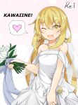  artist_name blonde_hair bouquet bridal_veil crescent crescent_pin dress etsuransha_no_rei heart highres jewelry kantai_collection long_hair looking_at_viewer one_eye_closed ring satsuki_(kancolle) simple_background smile spoken_heart twintails veil wedding_dress wedding_ring yellow_eyes 