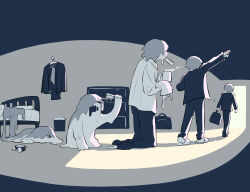  1boy absurdres alarm_clock avogado6 bag bed black_pants brushing_hair clock cup doorway food greyscale hair_brush highres holding holding_bag holding_cup indoors male_focus monochrome monster_boy mouth_hold mug original pants sequential shadow sleeves_past_fingers sleeves_past_wrists slime_(substance) slime_boy slippers steam suit symbolism waking_up walking 