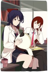  2girls absurdres arcsinus blush breasts chair chaos;child closed_eyes closed_eyes:o closed_mouth collared_shirt dress_shirt hair_between_eyes hekiho_academy_school_uniform highres holding indoors kunosato_mio lab_coat long_hair long_sleeves looking_at_viewer makise_kurisu multiple_girls necktie purple_hair school_uniform science_adventure shirt short_necktie sitting skirt smile steins;gate upa_(steins;gate) violet_eyes white_shirt 