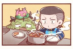  2boys apron black_eyes black_hair chibi commentary_request cooking_pot curry curry_rice diamond_wa_kudakenai dollar_sign father_and_son food grey_hair highres holding holding_plate holding_spoon jojo_no_kimyou_na_bouken kasasagi_(hinagi) long_sleeves male_focus multicolored_hair multiple_boys musical_note nijimura&#039;s_father nijimura_okuyasu o3o plate rice scar scar_on_face spoon stand_(jojo) stirring stray_cat_(jojo) undercut yellow_background 