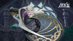  1boy afk_(series) afk_journey arm_up armor beard belt belt_buckle black_belt black_cape black_gloves blue_eyes breastplate buckle cape chest_belt circlet closed_mouth colored_skin commentary copyright_name crescent earrings english_commentary facial_hair fighting_stance fingerless_gloves gloves gold_circlet grey_skin highres holding holding_shield holding_sword holding_weapon indoors jewelry long_hair looking_at_viewer male_focus mature_male mustache official_art pauldrons pillar pointy_ears purple_cape scales serious shield shoulder_armor solo stud_earrings sword thador_(afk) vambraces weapon white_facial_hair white_hair 