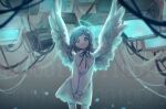  1girl absurdres angel_wings blue_theme blurry cable closed_mouth danganronpa_(series) danganronpa_2:_goodbye_despair dress feathered_wings halo highres liang_cun_rakuna light_particles medium_hair monitor nanami_chiaki neck_ribbon own_hands_together ribbon screen solo spoilers white_dress white_wings wings 