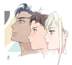  1girl 2boys black_eyes blonde_hair blue_eyes brown_hair cropped_head dark-skinned_male dark_skin earrings gigi_andalusia grey_hair gundam gundam_hathaway's_flash hathaway_noa jewelry kenneth_sleg multiple_boys profile riye_1026 short_hair smile yellow_eyes 