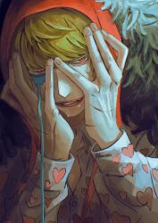  1boy blonde_hair buttons donquixote_rocinante facepaint feather_boa heart heart_print highres long_sleeves looking_at_viewer male_focus nervous_sweating one_piece parted_lips print_shirt red_eyes scar scar_on_hand shirt short_hair solo sweat twitter_username upper_body uyunosora 