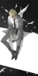  1boy amuro_tooru bangs bird black_background black_necktie blonde_hair blue_eyes blurry can collared_shirt dark-skinned_male dark_skin depth_of_field dress_shirt feathered_wings from_above grey_jacket grey_pants hariharitama highres holding holding_can jacket long_sleeves looking_away looking_to_the_side male_focus meitantei_conan necktie off_shoulder pants parted_lips shadow shirt shoes short_hair sideways_glance single_wing sitting soda_can solo white_shirt white_wings wings 