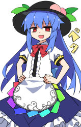  1girl apron black_hat blue_hair blue_skirt bow bowtie center_frills collared_shirt commentary_request e.o. flat_chest frilled_skirt frills hands_on_own_hips hat hat_ornament highres hinanawi_tenshi leaf_hat_ornament long_hair looking_at_viewer open_mouth peach_hat_ornament puffy_short_sleeves puffy_sleeves rainbow_order red_bow red_bowtie red_eyes shirt short_sleeves skirt solo touhou translation_request very_long_hair waist_apron white_apron white_shirt 