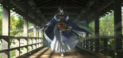  1boy absurdres armor black_gloves blue_hair blue_kimono closed_mouth falling_leaves full_body gloves hakama highres holding holding_sheath holding_sword holding_weapon japanese_armor japanese_clothes kimono leaf long_sleeves looking_at_viewer male_focus mikazuki_munechika nodowa_(gorget) outdoors sayagata sheath short_hair smile socks solo standing sunlight sword tabi tassel touken_ranbu tree utkw_n waraji weapon white_hakama white_socks wide_sleeves yellow_eyes 