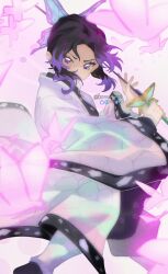  1girl absurdres animal_print black_hair bug butterfly butterfly_hair_ornament butterfly_print checkered_haori demon_slayer_uniform hair_ornament haori highres holding holding_sword holding_weapon japanese_clothes kimetsu_no_yaiba kimono knowname kochou_shinobu multicolored_hair no_pupils purple_hair signature solo sword violet_eyes weapon 