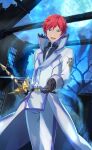  1boy belt black_gloves blue_eyes gloves high_collar highres holding holding_sword holding_weapon long_sleeves looking_at_viewer male_focus moon night night_sky official_art open_mouth outdoors pants re:zero_kara_hajimeru_isekai_seikatsu redhead reinhard_van_astrea short_hair sky smile sword weapon white_pants 