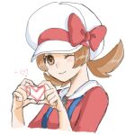  1girl asuka_rkgk blush bow brown_eyes brown_hair closed_mouth commentary hat hat_bow heart heart_hands looking_at_viewer low_twintails lyra_(pokemon) medium_hair one_eye_closed pokemon pokemon_(game) pokemon_hgss red_bow red_shirt shirt sidelocks simple_background sketch smile solo suspenders twintails upper_body white_background white_headwear 