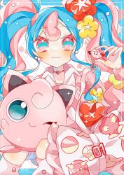  1girl :&gt; :3 blue_eyes blue_hair bow-shaped_bag choker collared_sweater earrings fairy_miku_(project_voltage) flower hair_flower hair_ornament hatsune_miku heart heart_choker highres jewelry jigglypuff long_hair long_sleeves looking_at_viewer multicolored_hair neckerchief one_eye_closed pink_bag pink_choker pink_hair pink_nails pink_sweater pokemon pokemon_(creature) pokewalker project_voltage red_flower simple_background sweater to_camellia twintails two-tone_hair upper_body virtual_pet_(toy) vocaloid white_background white_neckerchief yellow_flower 