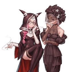  1123_hong 2girls :o bare_shoulders black_dress black_flower black_lace_trim black_rose black_thighhighs black_veil braid cigarette dress fingerless_gloves fiona_gilman fiona_gilman_(divine_light) flower frilled_sleeves frills glasses gloves grey_hair highres holding holding_cigarette horns identity_v lace lace_sleeves looking_at_viewer looking_to_the_side makeup multiple_girls nun pink_hair rose round_eyewear runny_makeup side_braid smoking thigh-highs veil vera_nair vera_nair_(fatal_affection) violet_eyes wide_sleeves 