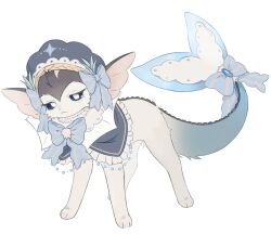  :&lt; absurdres alternate_color alternate_shiny_pokemon animal_focus animal_hands blue_bow blue_capelet blue_fur blue_hat blue_sclera bow capelet cetacean_tail closed_mouth clothed_pokemon colored_sclera fins fish_tail full_body hat hat_bow head_fins highres looking_at_viewer no_humans pokemon pokemon_(creature) pokemon_focus seripu simple_background solo standing tail vaporeon white_background white_eyes white_fur 