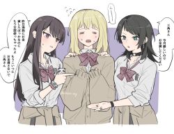  3girls bang_dream! bang_dream!_it's_mygo!!!!! black_choker black_hair black_nails blonde_hair bow bowtie bracelet breast_pocket brown_cardigan cardigan cardigan_around_waist choker clothes_around_waist collared_shirt commentary dress_shirt earclip earrings gyaru hand_on_another's_shoulder holding_carton jewelry lehcar long_hair medium_hair misumi_uika mole mole_under_eye multiple_girls multiple_rings nail_polish nervous_sweating open_mouth pocket red_bow red_bowtie ring school_uniform shiina_taki shirt sidelocks sleeves_past_wrists sweat sweatdrop translation_request violet_eyes white_shirt yahata_umiri 