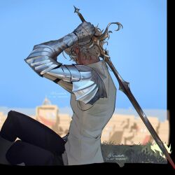  1girl armor armored_boots artist_name black_pants boots couter curly_hair ear_piercing earrings faceless faceless_female farevalee9s feet_out_of_frame from_behind grey_boots highres holding holding_sword holding_weapon hoop_earrings jewelry on_grass original pants pauldrons piercing pointy_ears shirt short_hair shoulder_armor solo star_(symbol) star_earrings sword weapon white_hair white_shirt 