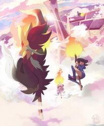  3girls broom broom_riding clouds cloudy_sky delphox flying harukaze_doremi highres kagari_atsuko kiki_(majo_no_takkyuubin) little_witch_academia lumiose_city majo_no_takkyuubin mega_delphox mega_pokemon multiple_girls ojamajo_doremi pokemon pokemon_(creature) sky startboii sunset 