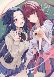  2girls :o absurdres bag bag_charm black_bow black_bowtie black_nails blue_necktie blue_skirt blunt_bangs blush bow bowtie breasts brown_cardigan cardigan chalkboard character_charm charm_(object) cheek_tattoo cid_kagenou clothes_around_waist cowboy_shot curtained_hair earrings elf embarrassed eta_(kage_no_jitsuryokusha_ni_naritakute!) gamma_(kage_no_jitsuryokusha_ni_naritakute!) gyaru hair_bun hand_on_another&#039;s_arm hand_up heart heart_tattoo highres indoors jewelry kage_no_jitsuryokusha_ni_naritakute! long_hair long_sleeves looking_at_viewer matsumoto_yuu medium_breasts mole mole_under_mouth multiple_girls nail_art nail_polish necktie one_eye_closed open_mouth parted_bangs parted_lips plaid_clothes plaid_skirt pleated_skirt pointy_ears purple_hair red_nails school_bag school_uniform shadow_(cid_kagenou) shirt shoulder_bag side_up_bun sidelocks skirt tattoo v violet_eyes white_shirt 