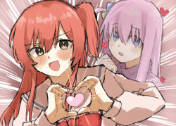  2girls blue_eyes blush bocchi_the_rock! breasts gotoh_hitori heart heart_hands highres hunter_x_hunter kita_ikuyo long_hair multiple_girls open_mouth pink_hair red_hair small_breasts tap_(vjnm2724) upper_body yellow_eyes 