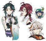  4boys arm_tattoo bangs bead_necklace beads black_hair blue_hair blush bow braid closed_eyes crossed_arms drunk facial_mark flower forehead_mark genshin_impact gloves gradient_hair green_eyes green_hair gyoju_(only_arme_nim) hair_between_eyes hat highres japanese_clothes jewelry kaedehara_kazuha korean_commentary long_sleeves male_focus mouth_hold multicolored_hair multiple_boys necklace open_mouth ponytail redhead shikanoin_heizou simple_background sketch tattoo twin_braids venti_(genshin_impact) visor_cap white_background white_flower xiao_(genshin_impact) 