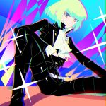  androgynous belt black_gloves frilled_sleeves frills frown gloves green_hair highres knee_pads lio_fotia looking_at_viewer male_focus promare short_hair sidelocks sitting sparkle wazuka_(wzzc) 