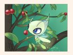  antennae berry blue_eyes border celebi closed_mouth commentary_request flying green_background leaf no_humans pokemon pokemon_(creature) solo tyako_089 white_border 