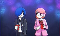  1boy 1girl black_hair black_jacket black_pants black_ribbon blue_hair bow bowtie brown_hair cardigan choker chromatic_aberration closed_mouth collared_shirt cup digital_media_player disposable_cup earphones_removed earrings english_commentary gekkoukan_high_school_uniform hair_over_one_eye hand_in_pocket heart heart_choker holding holding_cup jacket jewelry kyra_(rotwritten) light_blush looking_at_another loose_bowtie neck_ribbon open_clothes open_jacket pants parody pearl_earrings persona persona_3 pink_cardigan red_bow red_bowtie ribbon school_uniform scott_pilgrim_(series) scott_pilgrim_takes_off scott_pilgrim_takes_off_(style) shirt short_hair stud_earrings takeba_yukari upper_body white_choker white_shirt yuuki_makoto_(persona_3) 
