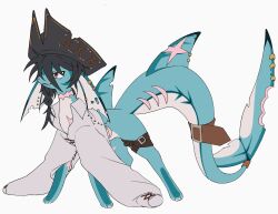  animal_focus animal_hands black_hair black_hat blue_fur braid cetacean_tail closed_mouth clothed_pokemon collared_shirt earrings fins fish_tail full_body hat head_fins highres jewelry looking_at_viewer no_humans pirate_hat pokemon pokemon_(creature) pokemon_focus red_eyes scar seripu shirt simple_background solo standing tail vaporeon white_background white_shirt 