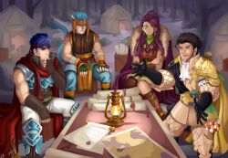  1girl 3boys absurdres animal_ears ascot beard black_gloves blue_eyes blue_hair brown_eyes cape cat_boy cat_ears chinstrap_beard claude_von_riegan claude_von_riegan_(timeskip) commentary english_commentary facial_hair fire_emblem fire_emblem:_radiant_dawn fire_emblem:_three_houses gloves green_eyes headband headdress heterochromia highres ike_(fire_emblem) ike_(vanguard_legend)_(fire_emblem) in-franchise_crossover jewelry long_hair mazarin multiple_boys night official_alternate_costume outdoors petra_macneary petra_macneary_(timeskip) purple_hair ranulf_(fire_emblem) red_headband short_hair sitting tail tent violet_eyes 