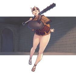  1girl :d absurdres armor breastplate breasts brown_hair chagallkun club_(weapon) curvy dungeon_meshi full_body highres horns huge_breasts inutade japanese_clothes kanabou kimono low_ponytail orange_kimono ponytail sandals short_kimono skin-covered_horns smile solo weapon 
