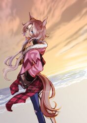  1girl animal_ears asymmetrical_clothes beach blue_eyes brown_hair clothes_around_waist clouds cloudy_sky denim ear_ornament feet_out_of_frame fur-trimmed_hood fur_trim hair_between_eyes hands_in_pockets head_tilt highres hood hooded_jacket horse_ears horse_girl horse_tail jacket jeans long_sleeves looking_at_viewer narita_taishin_(nevertheless)_(umamusume) narita_taishin_(umamusume) ocean orange_sky pants pink_jacket short_hair single_pantsleg sky solo standing tail torn_clothes torn_jeans torn_pants twitter_username umamusume youai_you 