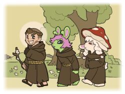  1boy absurdres alien animal_ears barefoot brown_facial_hair brown_hair brown_robe christian_mythology christianity facial_hair fantasy halo halo_behind_head highres long_sleeves looking_at_viewer mushroom_on_head outdoors rabbit_ears real_life robe rope_belt saint_francis_of_assisi sandals sheep_girl smile toffee_32 tonsure tree walking 