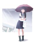  1girl aikawa_(hira1126) bangs black_footwear black_hair blue_sailor_collar blue_skirt blunt_bangs boots brown_eyes collared_shirt full_body hatsuyuki_(kancolle) highres hime_cut kantai_collection long_hair looking_at_viewer neckerchief pleated_skirt red_umbrella rubber_boots sailor_collar school_uniform serafuku shirt skirt solo standing umbrella 