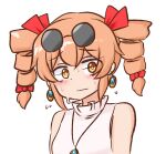  1girl bangs bare_shoulders blush bow dress drill_hair earrings eyebrows_visible_through_hair eyewear_on_head flying_sweatdrops hair_bow jewelry looking_at_viewer mizusoba necklace no_hat no_headwear no_jacket orange_eyes orange_hair sleeveless solo sunglasses sweat sweatdrop touhou twin_drills upper_body white_background yorigami_jo&#039;on 