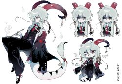  1boy adoptable black_vest coat dilnyan03 dragon_boy dragon_horns dragon_tail english_commentary fur-tipped_tail grey_hair highres holding holding_smoking_pipe horns kiseru long_hair male_focus multiple_views original red_coat red_eyes sidelocks simple_background smoking_pipe tail vest white_background 