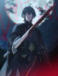  1boy armor armored_dress bangs black_hair blood blood_on_weapon blurry blurry_foreground byleth_(fire_emblem) byleth_eisner_(male) cape closed_mouth dress fire_emblem fire_emblem:_three_houses frown gauntlets green_eyes grey_cape grey_dress hair_between_eyes highres holding holding_sword holding_weapon looking_at_viewer mami_(apsaras) shiny shiny_hair short_hair shoulder_armor solo sword weapon 